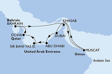 Spojené arabské emiráty, Katar, Bahrajn, Omán z Dubaja na lodi MSC Lirica