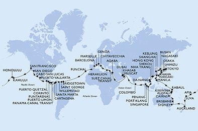 Taliansko, Francúzsko, Španielsko, Portugalsko, Barbados, Grenada, Curacao, Kolumbia, Kostarika, Panama, Nikaragua, Guatemala, Mexiko, USA, Samoa, Fiji, Nový Zéland, Austrália, Papua Nová Guinea, Filipíny, Tchaj-wan, Japonsko, Južná Kórea, Čína, Vietnam, Singapur, Malajzia, Srí Lanka, Spojené arabské emiráty, Omán, Jordánsko, Egypt, Grécko z Janova na lodi MSC Poesia