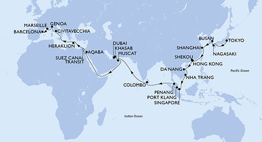 Japonsko, Južná Kórea, Čína, Vietnam, Singapur, Malajzia, Srí Lanka, Spojené arabské emiráty, Omán, Jordánsko, Egypt, Grécko, Taliansko, Francúzsko, Španielsko z Tokia na lodi MSC Poesia