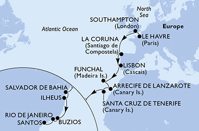 Francúzsko, Veľká Británia, Španielsko, Portugalsko, Brazília z Le Havre na lodi MSC Preziosa