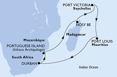 Juhoafrická republika, Mozambik, Madagaskar, Seychely, Maurícius z Durbanu na lodi MSC Musica