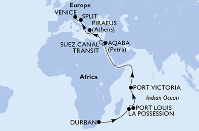 Juhoafrická republika, Reunion, Maurícius, Seychely, Jordánsko, Egypt, Grécko, Chorvátsko, Taliansko z Durbanu na lodi MSC Opera