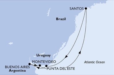 Brazília, Uruguaj, Argentína zo Santosu na lodi MSC Fantasia