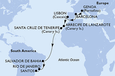 Taliansko, Španielsko, Portugalsko, Brazília z Janova na lodi MSC Grandiosa