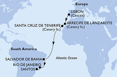 Portugalsko, Španielsko, Brazília z Lisabonu na lodi MSC Grandiosa