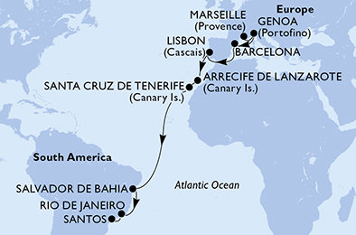 Francúzsko, Taliansko, Španielsko, Portugalsko, Brazília z Marseille na lodi MSC Grandiosa