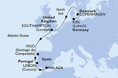 Nemecko, Dánsko, Veľká Británia, Španielsko, Portugalsko z Kielu na lodi MSC Splendida