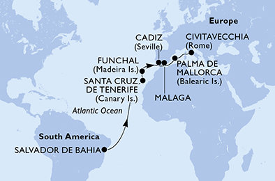 Brazília, Španielsko, Portugalsko, Taliansko zo Salvadoru na lodi MSC Fantasia