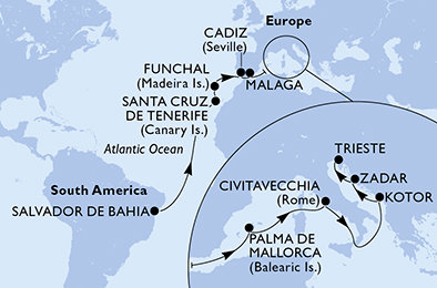 Brazília, Španielsko, Portugalsko, Taliansko, Čierna Hora, Chorvátsko zo Salvadoru na lodi MSC Fantasia
