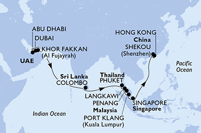 Spojené arabské emiráty, Srí Lanka, Thajsko, Malajzia, Singapur, Čína z Dubaja na lodi MSC Bellissima
