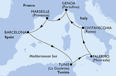Taliansko, Francúzsko, Španielsko, Tunisko z Janova na lodi MSC Poesia