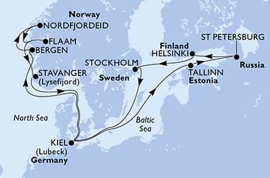 Nemecko, Nórsko, Estónsko, Rusko, Fínsko, Švédsko z Kielu na lodi MSC Splendida