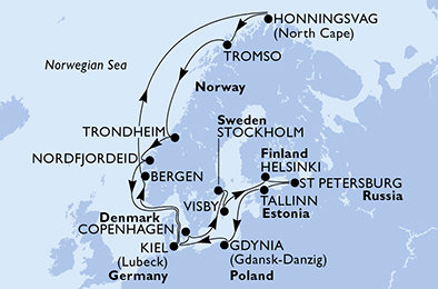 Nemecko, Nórsko, Dánsko, Švédsko, Fínsko, Rusko, Estónsko, Poľsko z Kielu na lodi MSC Splendida
