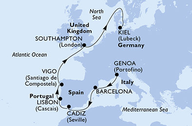 Taliansko, Španielsko, Portugalsko, Veľká Británia, Nemecko z Janova na lodi MSC Virtuosa