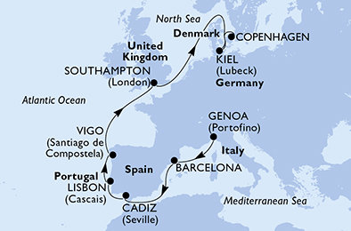 Taliansko, Španielsko, Portugalsko, Veľká Británia, Nemecko, Dánsko z Janova na lodi MSC Virtuosa