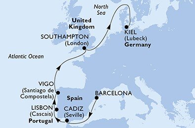 Španielsko, Portugalsko, Veľká Británia, Nemecko z Barcelony na lodi MSC Virtuosa