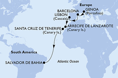 Taliansko, Španielsko, Portugalsko, Brazília z Janova na lodi MSC Grandiosa