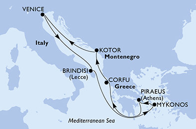 Taliansko, Grécko, Čierna Hora z Brindisi na lodi MSC Musica