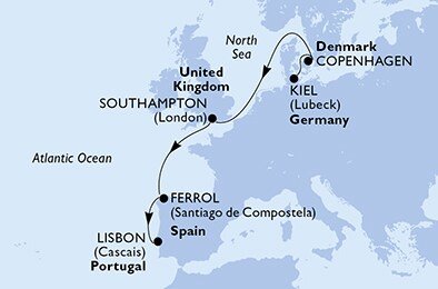 Nemecko, Dánsko, Veľká Británia, Španielsko, Portugalsko z Kielu na lodi MSC Virtuosa