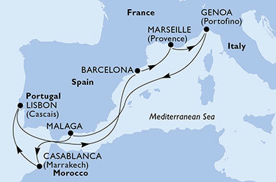 Španielsko, Maroko, Portugalsko, Francúzsko, Taliansko z Málagy na lodi MSC Virtuosa