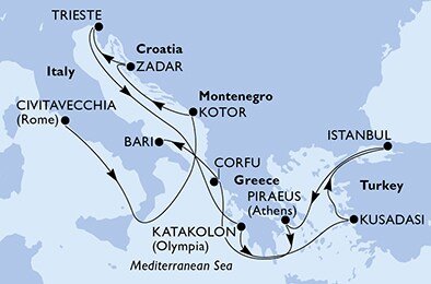 Taliansko, Čierna Hora, Chorvátsko, Grécko, Turecko z Civitavechie na lodi MSC Fantasia