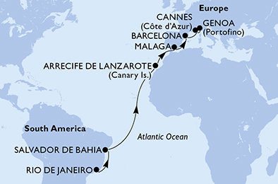 Brazília, Španielsko, Francúzsko, Taliansko z Rio de Janeira na lodi MSC Grandiosa
