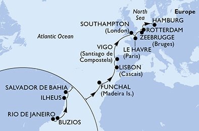 Brazília, Portugalsko, Španielsko, Veľká Británia, Francúzsko, Belgicko, Holandsko, Nemecko z Rio de Janeira na lodi MSC Preziosa
