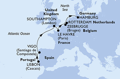 Portugalsko, Španielsko, Veľká Británia, Francúzsko, Belgicko, Holandsko, Nemecko z Lisabonu na lodi MSC Preziosa