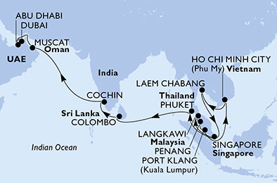 Singapur, Malajzia, Vietnam, Thajsko, Srí Lanka, India, Omán, Spojené arabské emiráty na lodi MSC Splendida