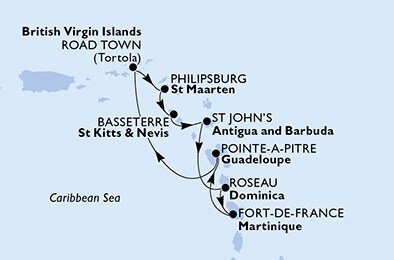 Martinik, Guadeloupe, Britské Panenské ostrovy, Svatý Martin, Svätý Krištof a Nevis, Antigua a Barbuda, Dominika z Fort de France, Martinik na lodi MSC Seaview