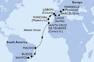 Brazília, Španielsko, Portugalsko, Francúzsko zo Santosu na lodi MSC Fantasia