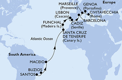 Brazília, Španielsko, Portugalsko, Francúzsko, Taliansko zo Santosu na lodi MSC Fantasia