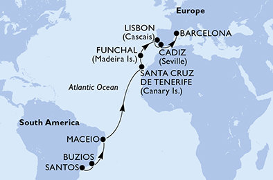 Brazília, Španielsko, Portugalsko zo Santosu na lodi MSC Fantasia