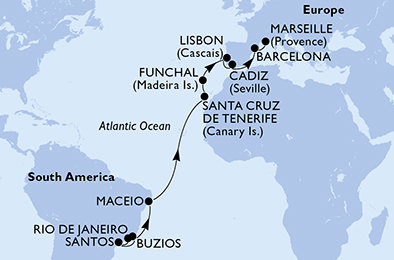 Brazília, Španielsko, Portugalsko, Francúzsko z Rio de Janeira na lodi MSC Fantasia