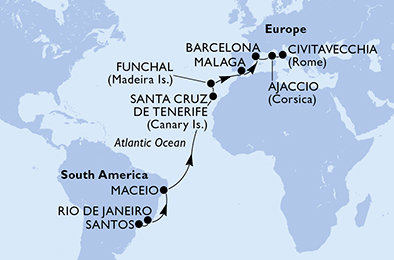 Brazília, Španielsko, Portugalsko, Francúzsko, Taliansko zo Santosu na lodi MSC Sinfonia
