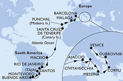 Brazília, Uruguaj, Argentína, Španielsko, Portugalsko, Francúzsko, Taliansko, Grécko, Chorvátsko na lodi MSC Sinfonia