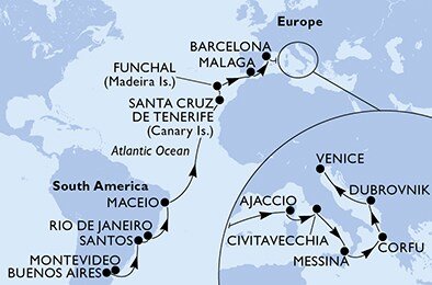 Uruguaj, Argentína, Brazília, Španielsko, Portugalsko, Francúzsko, Taliansko, Grécko, Chorvátsko z Montevidea na lodi MSC Sinfonia