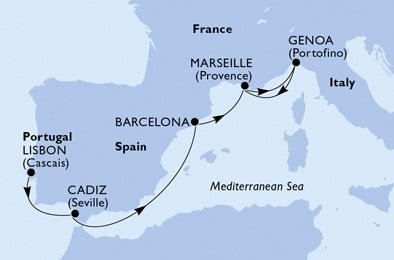 Portugalsko, Španielsko, Francúzsko, Taliansko z Lisabonu na lodi MSC Seaside