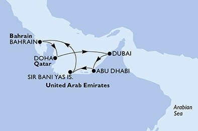 Katar, Spojené arabské emiráty, Bahrajn z Dohy na lodi MSC Fantasia
