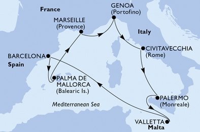 Španielsko, Francúzsko, Taliansko, Malta z Barcelony na lodi MSC Grandiosa