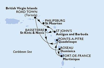 Guadeloupe, Britské Panenské ostrovy, Svatý Martin, Antigua a Barbuda, Svätý Krištof a Nevis, Dominika, Martinik z Pointe-à-Pitre na lodi MSC Poesia