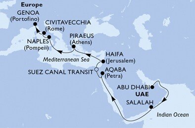 Spojené arabské emiráty, Omán, Jordánsko, Egypt, Izrael, Grécko, Taliansko z Abu Dhabi na lodi MSC Fantasia