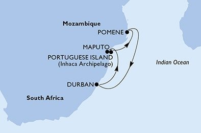 Juhoafrická republika, Mozambik z Durbanu na lodi MSC Orchestra