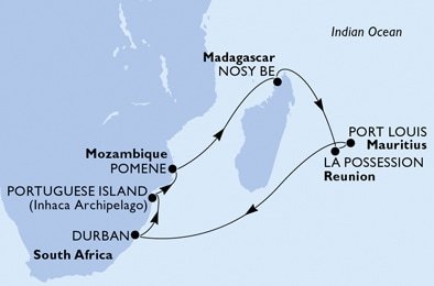 Juhoafrická republika, Mozambik, Madagaskar, Reunion, Maurícius z Durbanu na lodi MSC Orchestra