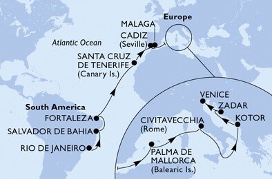 Brazília, Španielsko, Taliansko, Čierna Hora, Chorvátsko z Rio de Janeira na lodi MSC Musica