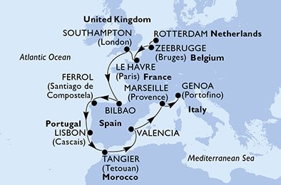 Holandsko, Belgicko, Francúzsko, Veľká Británia, Španielsko, Portugalsko, Maroko, Taliansko z Rotterdamu na lodi MSC Magnifica