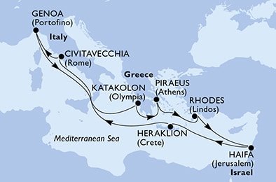 Taliansko, Grécko, Izrael z Civitavechie na lodi MSC Poesia