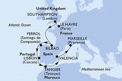 Francúzsko, Veľká Británia, Španielsko, Portugalsko, Maroko z Le Havre na lodi MSC Magnifica