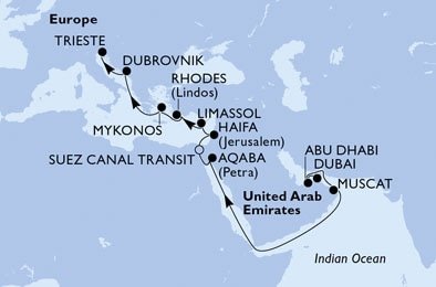Spojené arabské emiráty, Omán, Jordánsko, Egypt, Izrael, Cyprus, Grécko, Chorvátsko, Taliansko z Dubaja na lodi MSC Opera