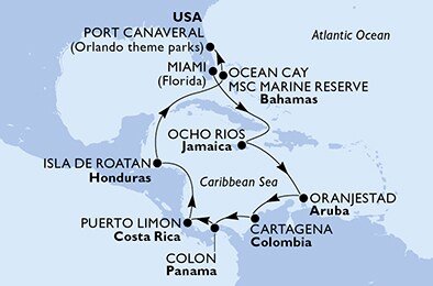 USA, Jamajka, Aruba, Kolumbia, Panama, Kostarika, Honduras, Bahamy z Miami na lodi MSC Divina